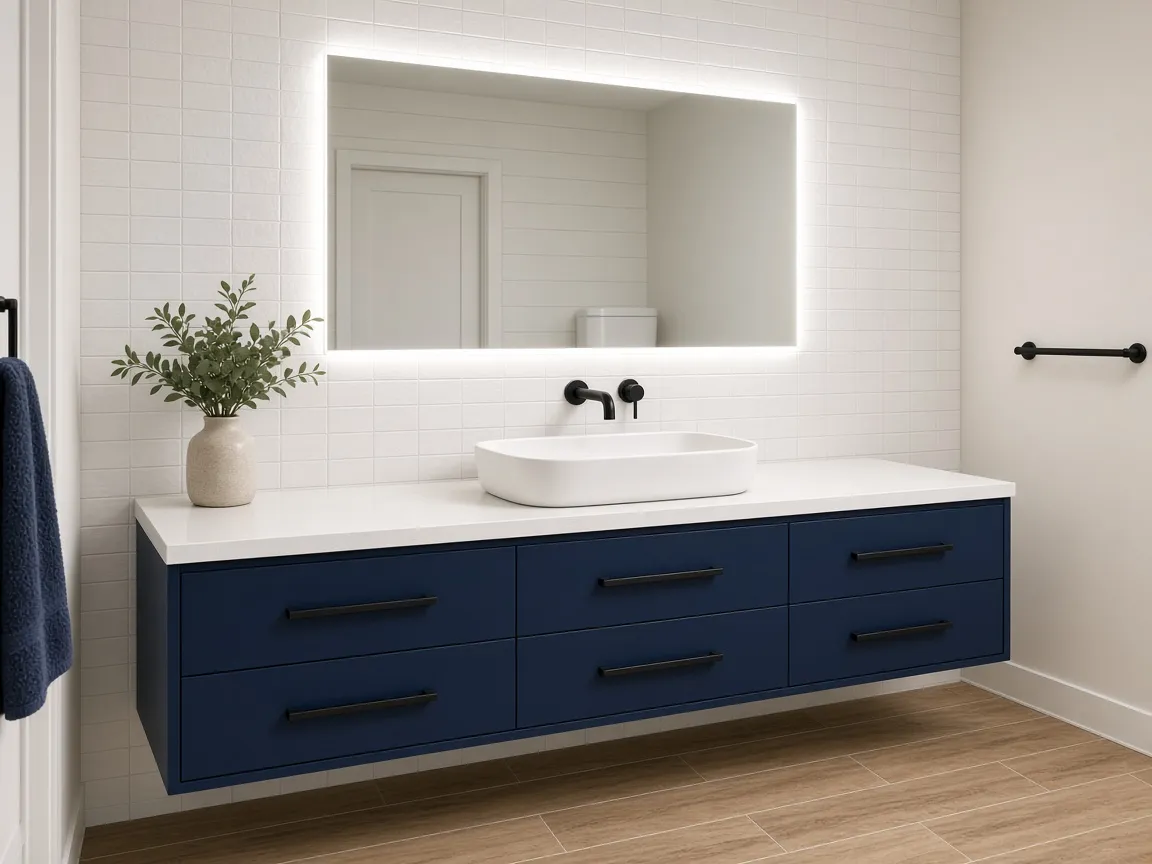 Guest bathroom with navy floating vanity, vessel sink, and backlit LED mirror