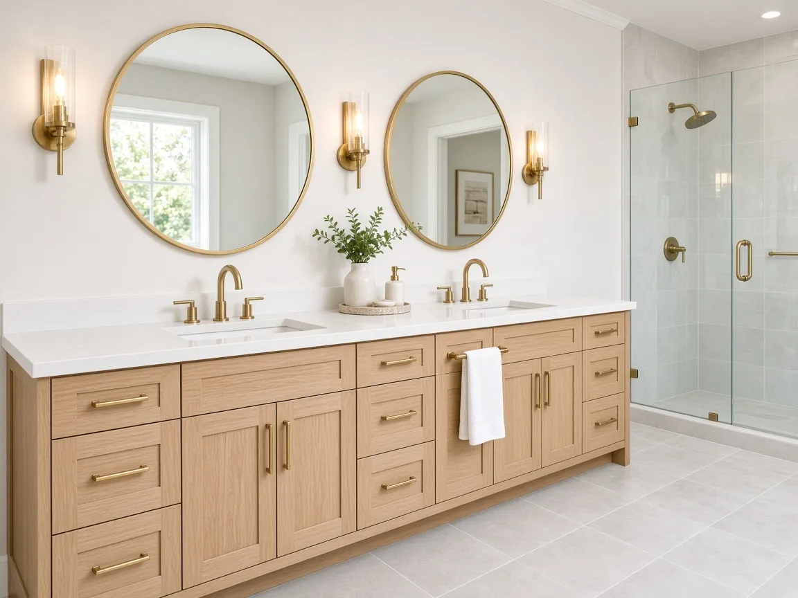Primary bathroom with white oak shaker double vanity and brushed gold faucets