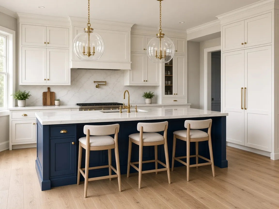 Kitchen with navy blue shaker island, white perimeter cabinets, and brass pulls
