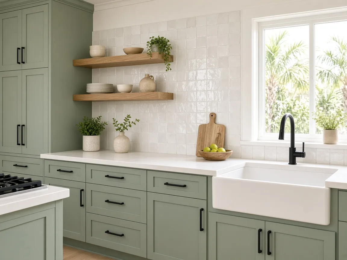 Sage green painted shaker cabinets with matte black pulls and farmhouse sink