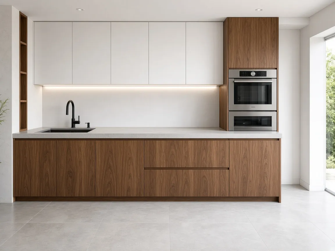 Modern kitchen with walnut slab lower cabinets, white flat-panel uppers, and oven tower