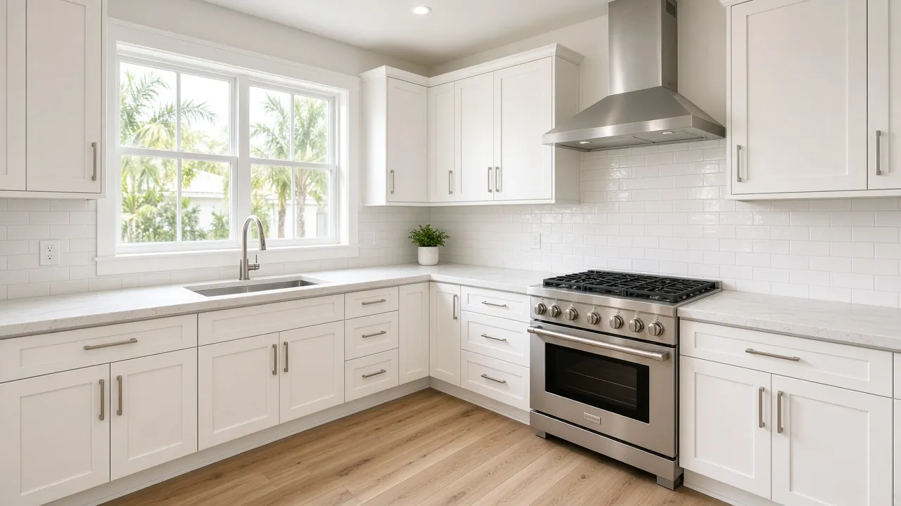 Bright kitchen with white shaker cabinet doors, quartz countertops, and subway tile
