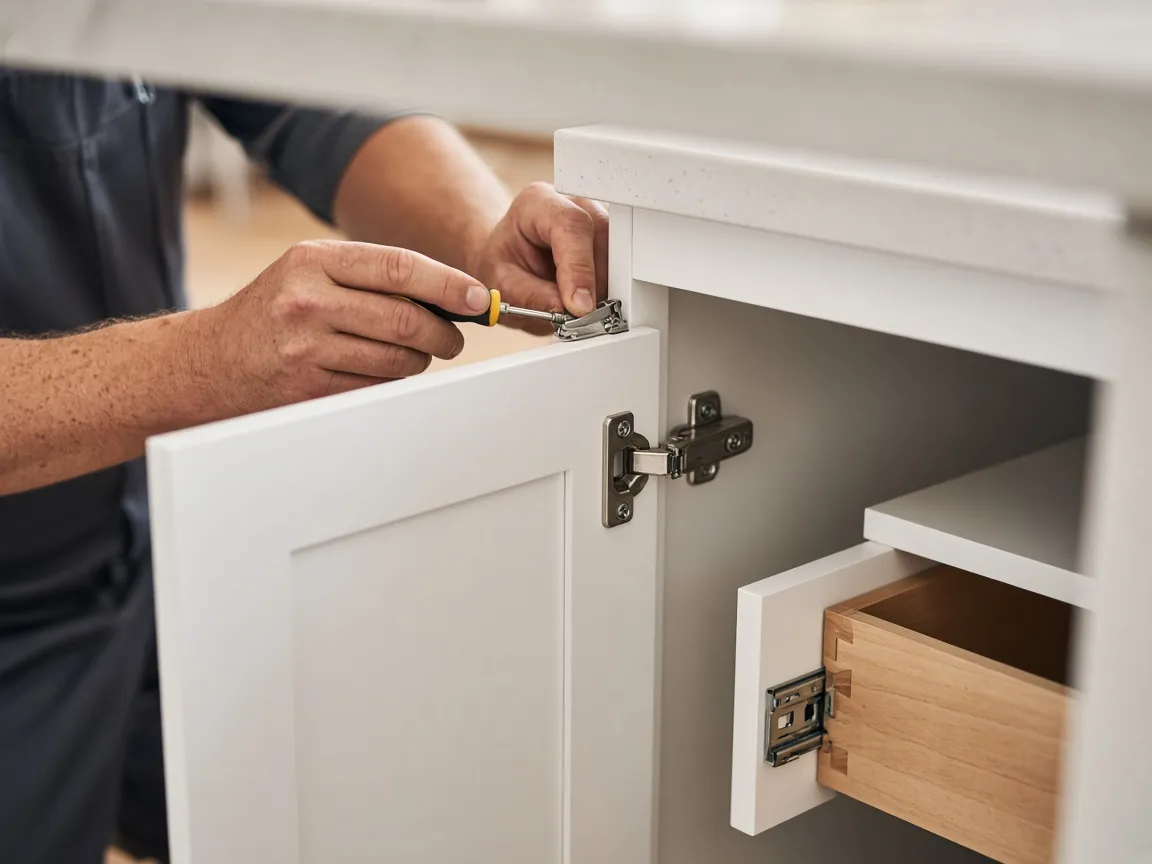 Installer adjusting a soft-close hinge on a new white shaker cabinet door